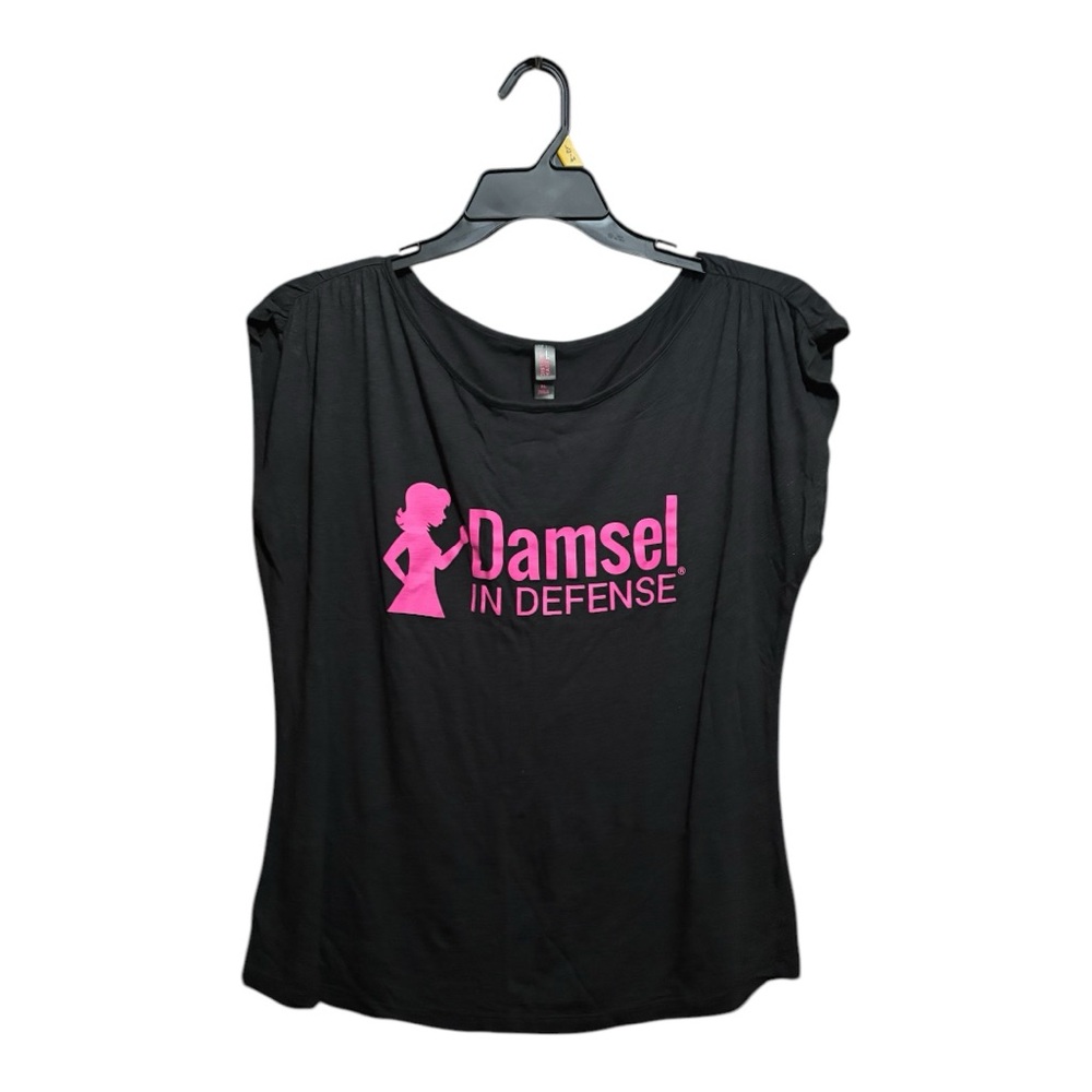 Damsel in Defense Black T-Shirt with Pink Logo
